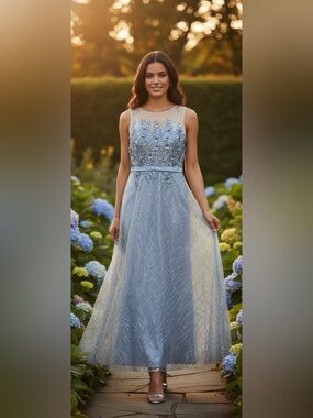 Vicky and Lucas Blue‎ 3D Floral Applique Sequin Mesh Formal Gown Dress Size L